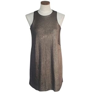 She + Sky Metallic Bronze Gold Black Line Sleeveless Shift Cocktail Mini Dress S